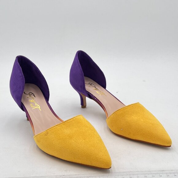 FOWT Yellow And Purple Pointed Toe Kitten Heel Two Toned D'Orsay Dress Pumps - Picture 3 of 7